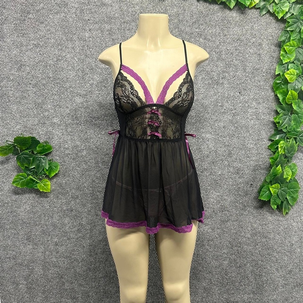 adore Me Lace Mesh Babydoll Lingerie Chemise Nightgown Black Purple